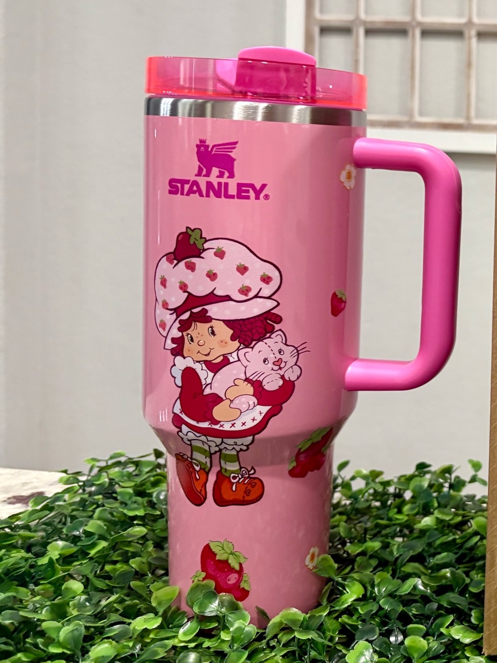 Customized hot Pink Strawberry shortcake tumbler.